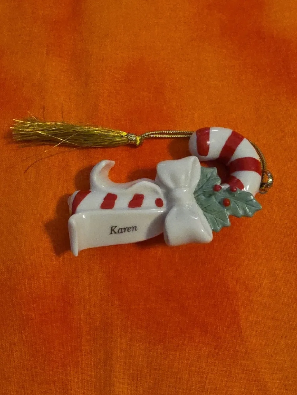 Lenox Ceramic Candy Cane Ornament White Red Personalized Karen